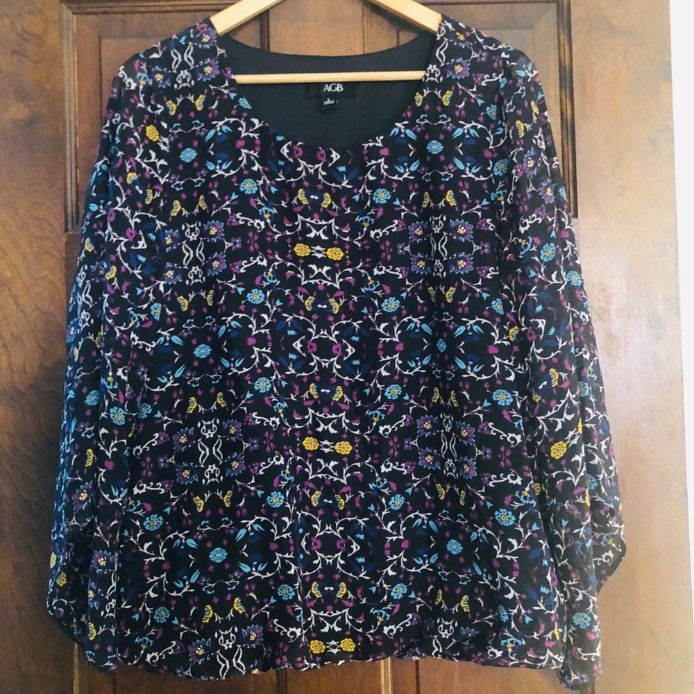 Floral Faux Silk Blouse with Sheer Bell Sleeves